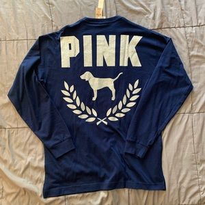 PINK Victoria’s Secret navy bling logo campus long sleeve tee size medium NWT